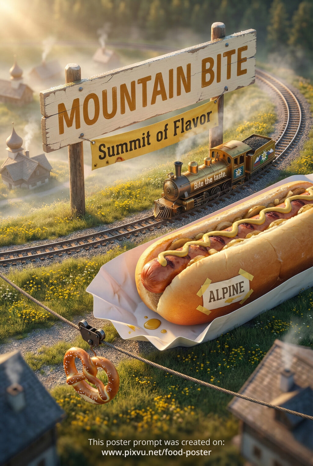 Alpine Diorama Hotdog Poster AI Prompt
