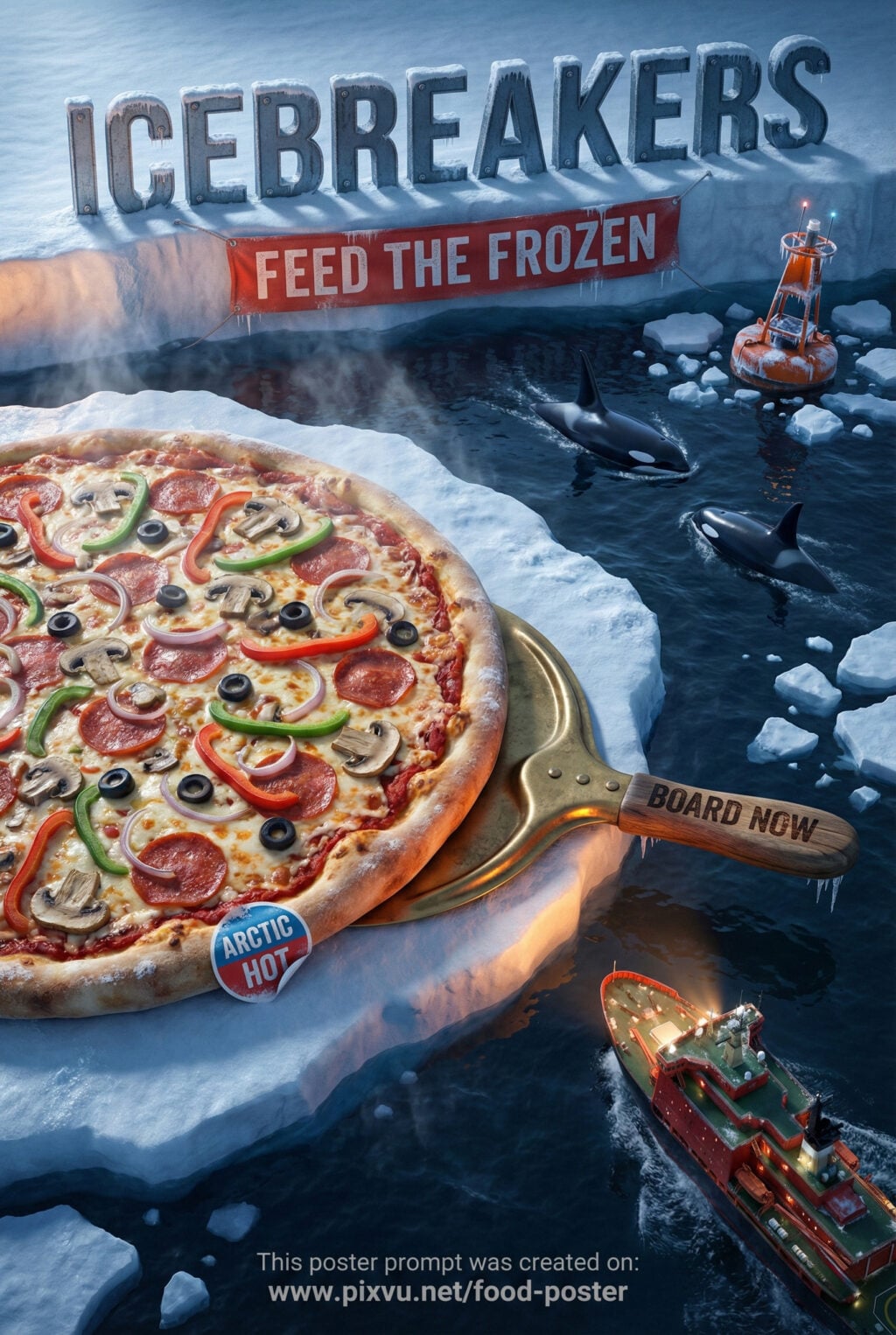 Arctic Icebreaker Pizza Poster Design AI Prompt