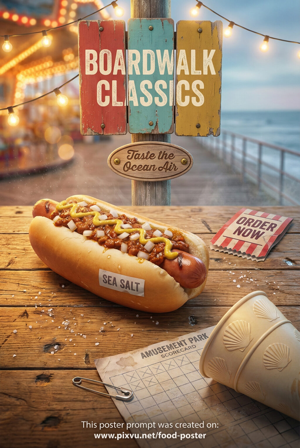 Carnival Boardwalk Hotdog Poster AI Prompt