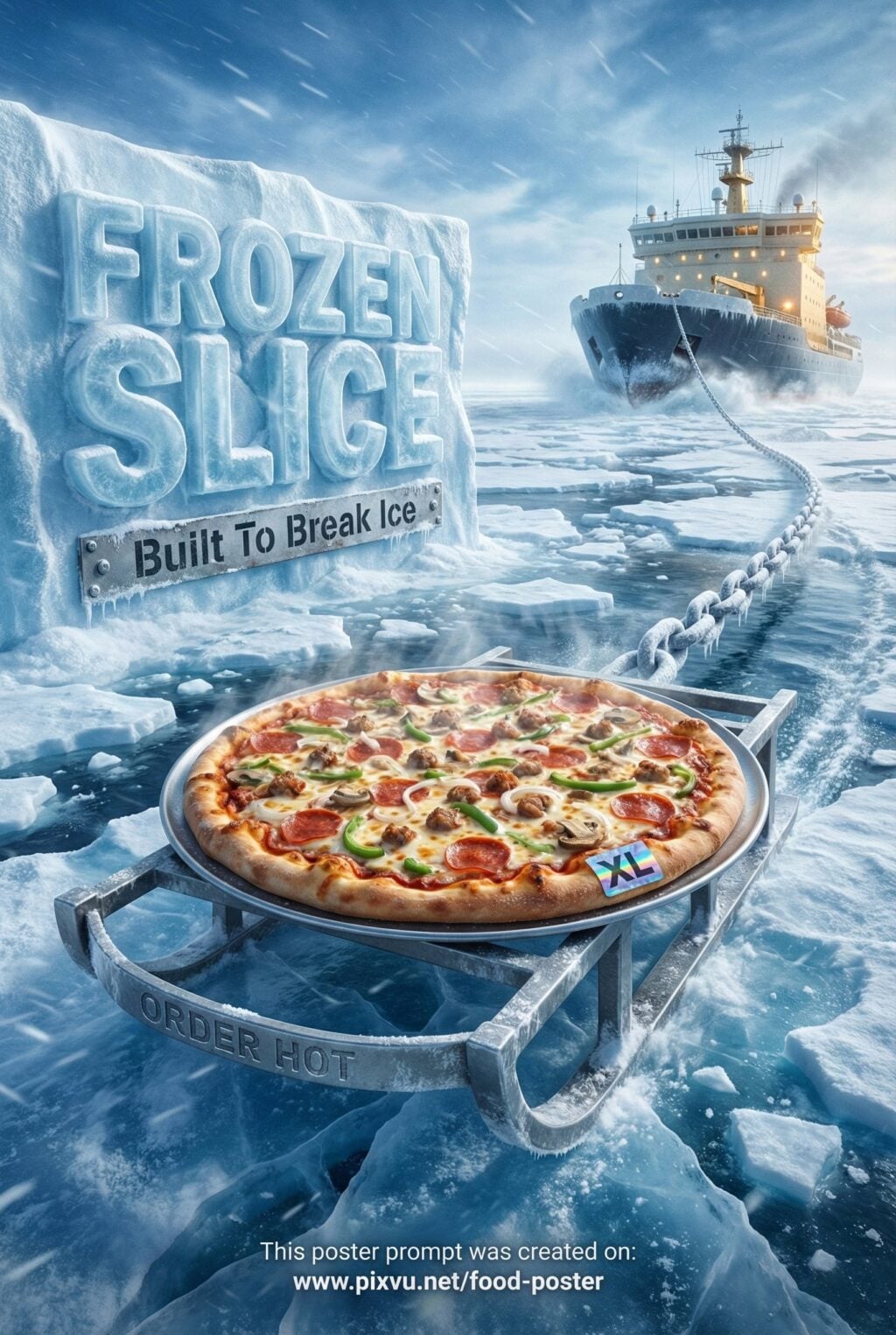 Epic Scale Arctic Pizza Poster AI Prompt