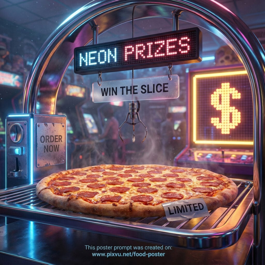Neon Arcade Pizza Poster Design AI Prompt