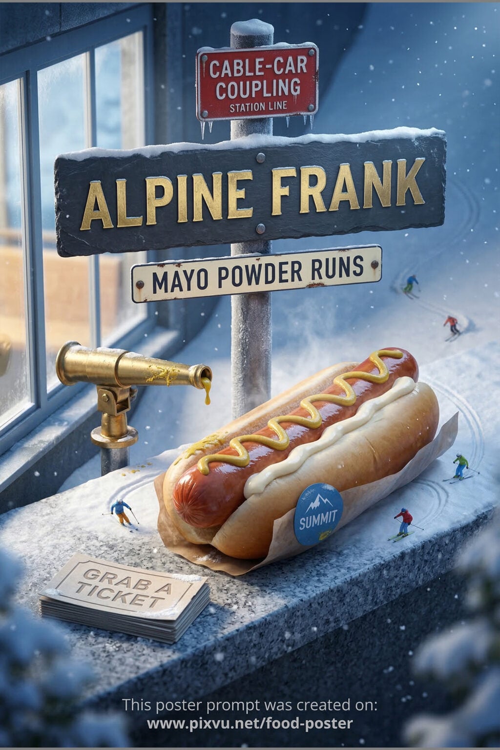 Alpine Diorama Ski Hotdog Poster AI Prompt