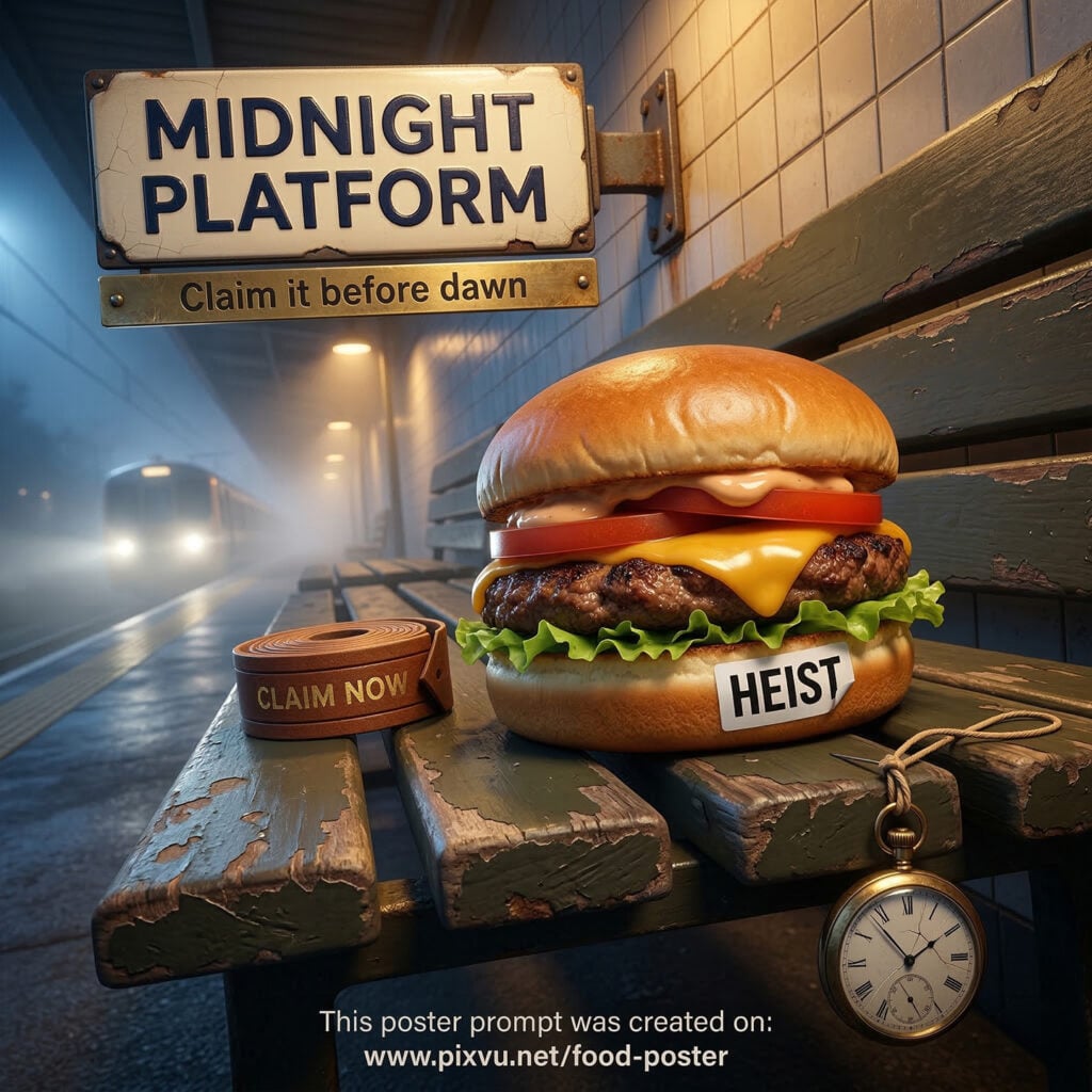 Exquisite Midnight Platform Burger Poster AI Prompt