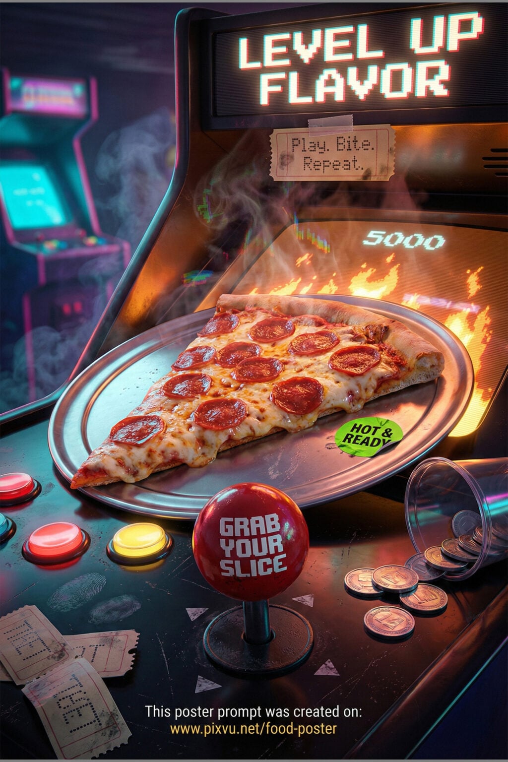 Free Retro Arcade Pizza Slice Poster AI Prompt