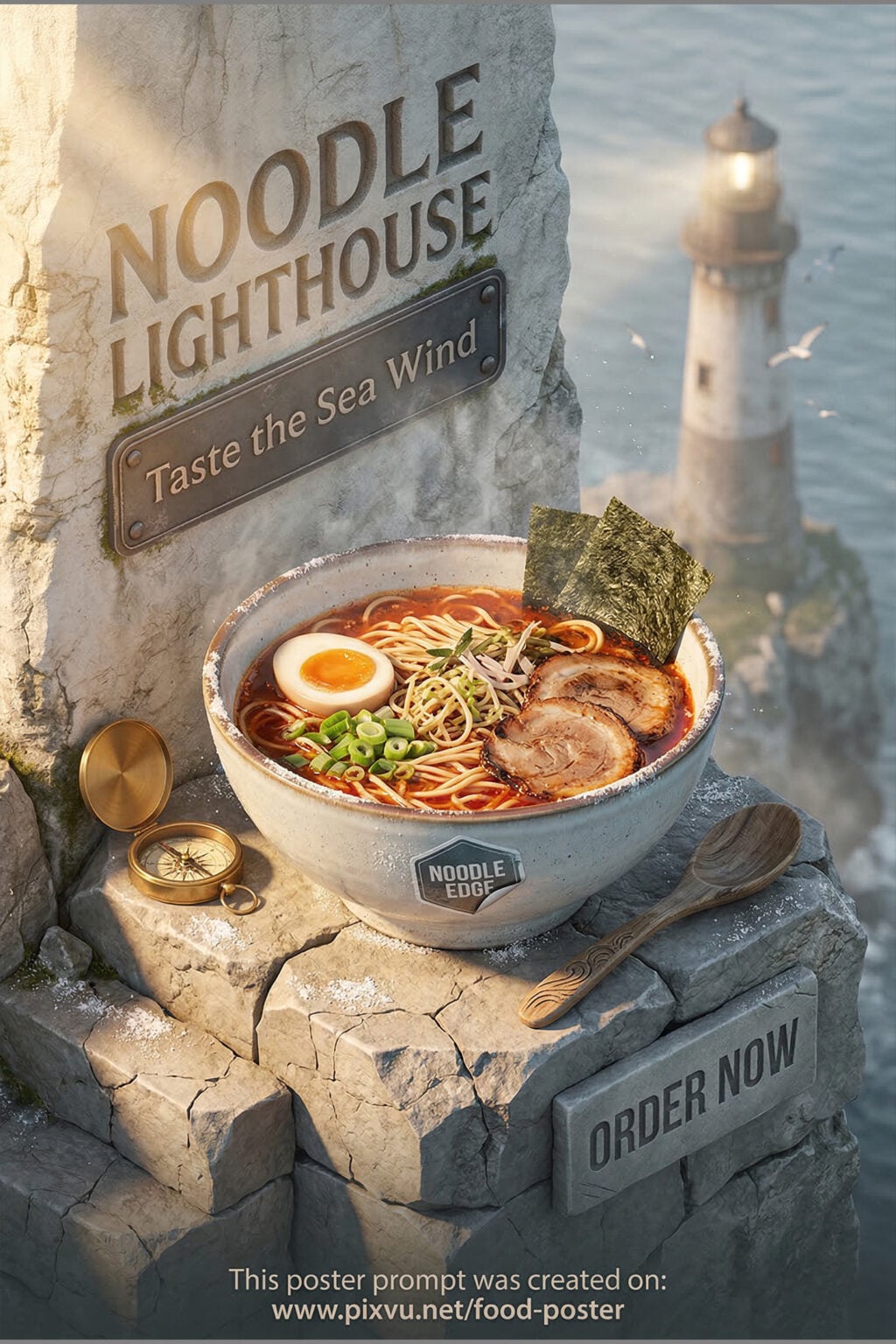 Isometric Coastal Lighthouse Ramen Poster AI Prompt