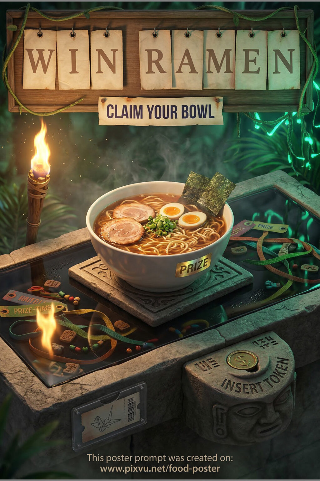 Jungle Temple Stall Ramen Poster AI Prompt
