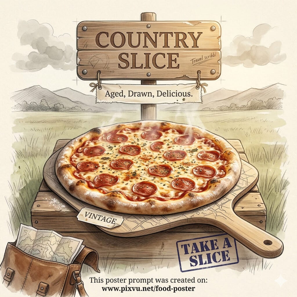 Mixed-Media Country Pizza Poster Gemini AI Prompt