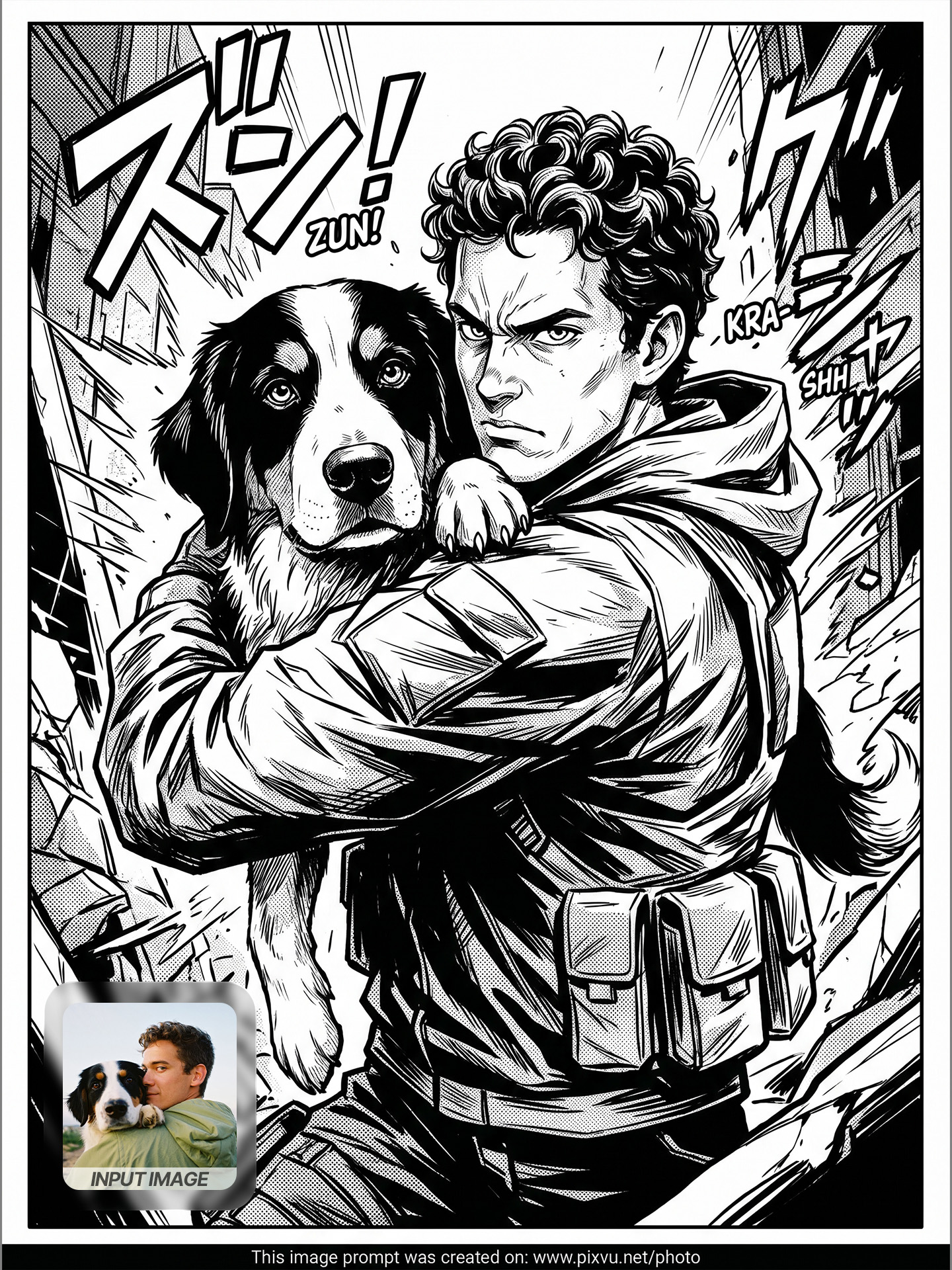 Monochrome Manga Action Portrait Effect AI Prompt