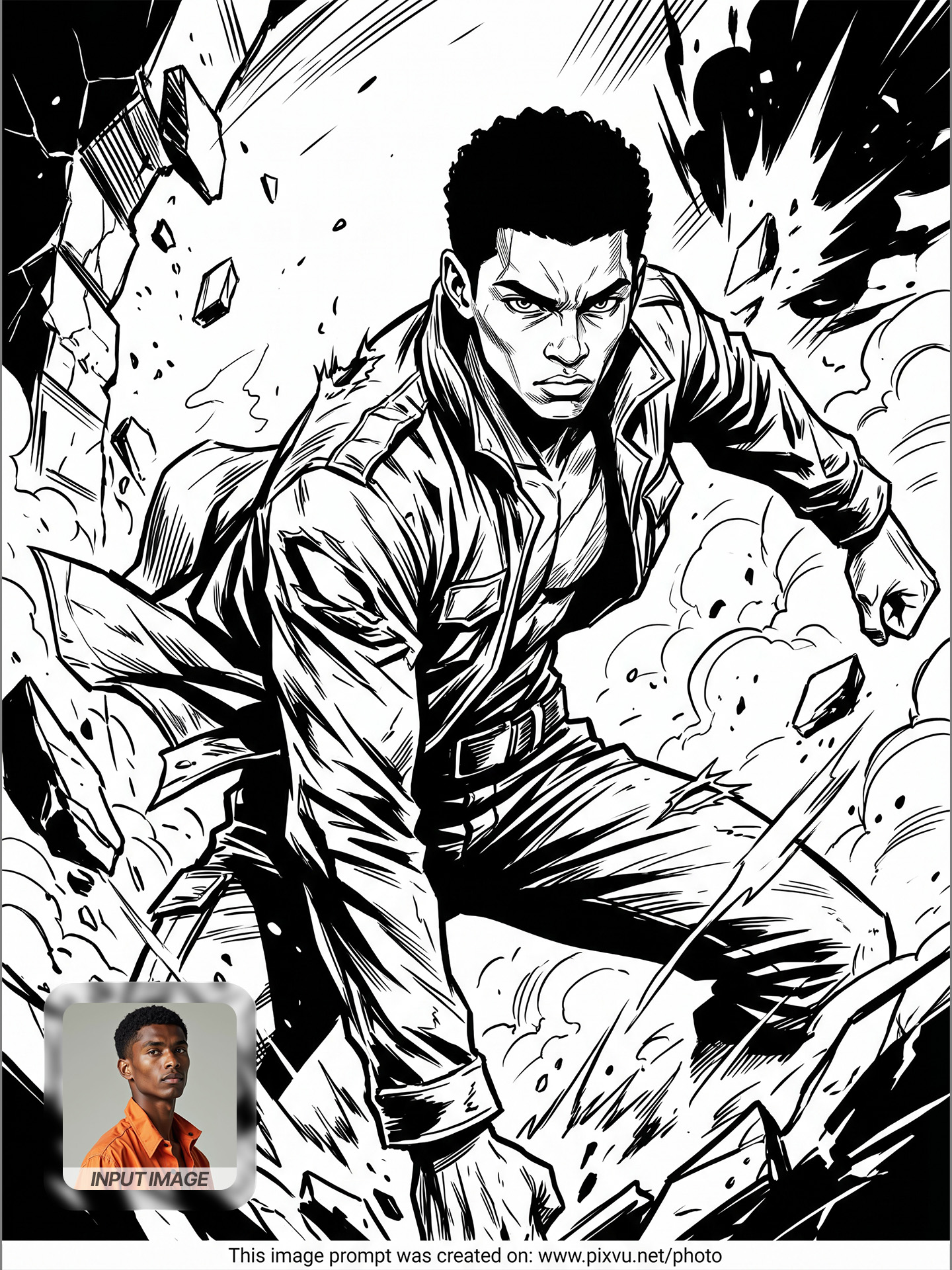 Monochrome Manga Action Portrait Effect AI Prompt