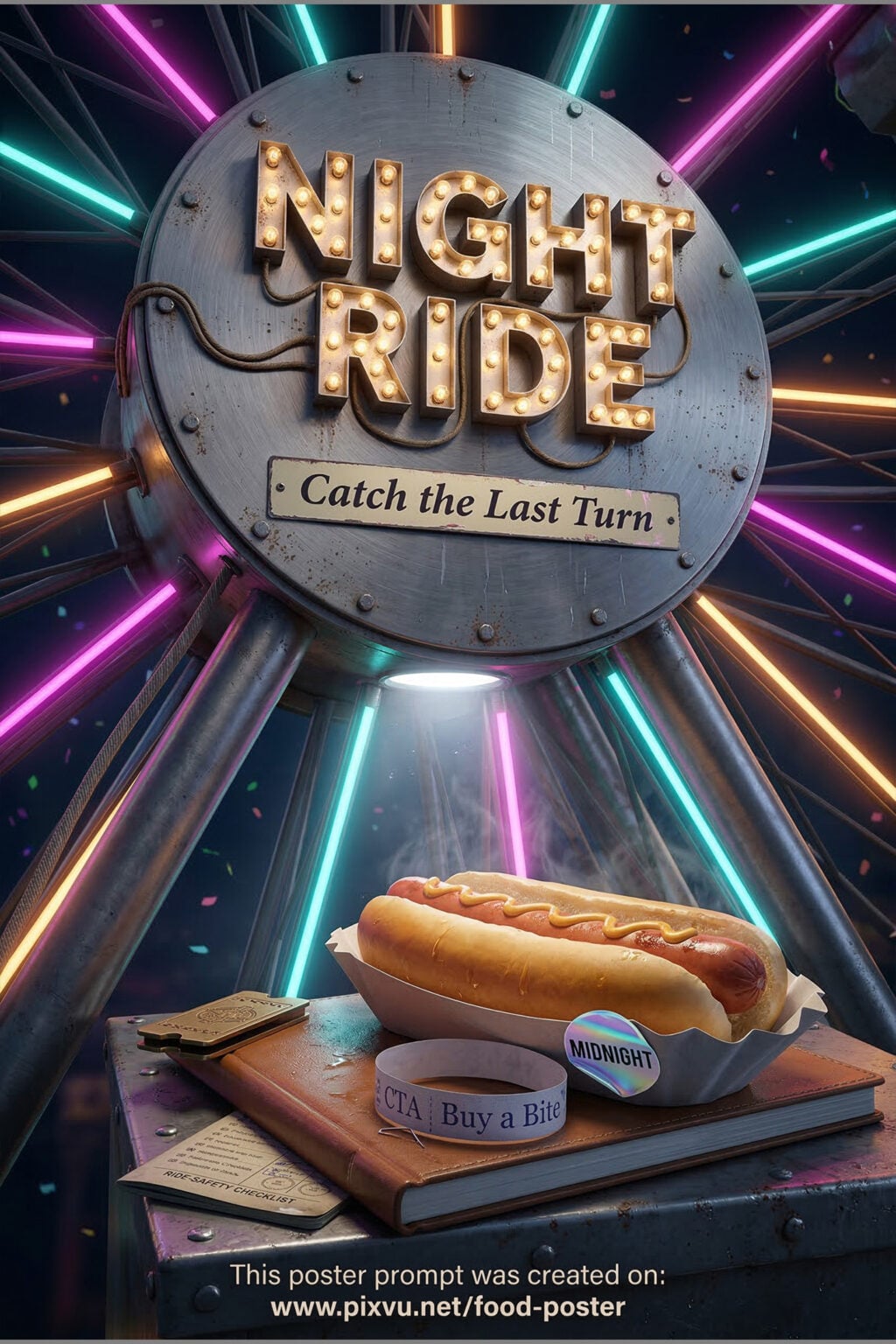 Neon Ferris Wheel Hotdog Poster AI Prompt