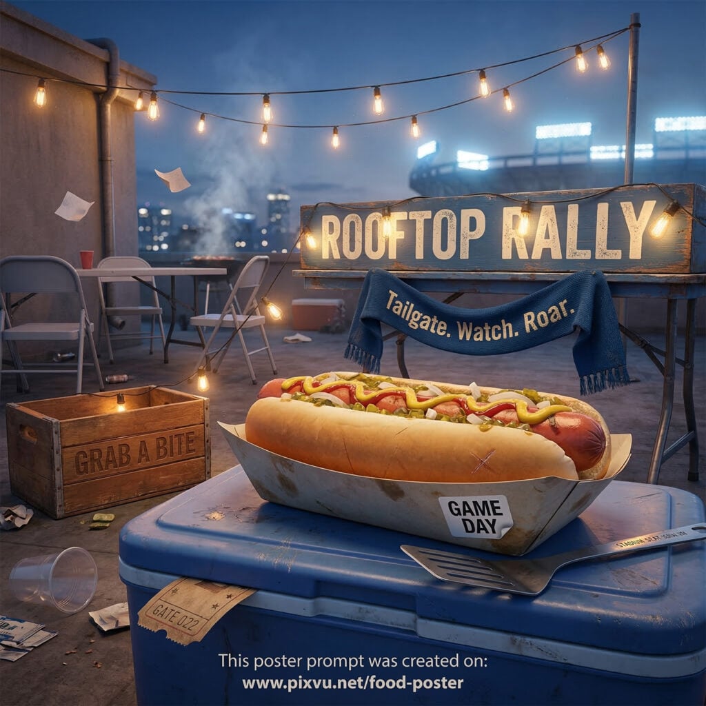 Rooftop Rally Hotdog Poster AI Prompt For Gemini