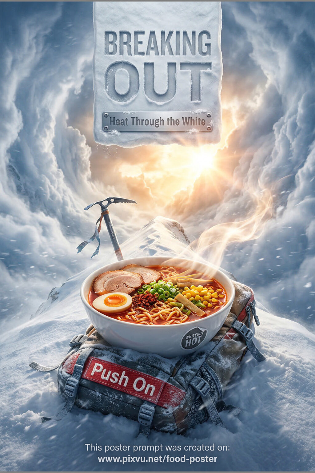 Surreal Alpine Summit Ramen Poster AI Prompt