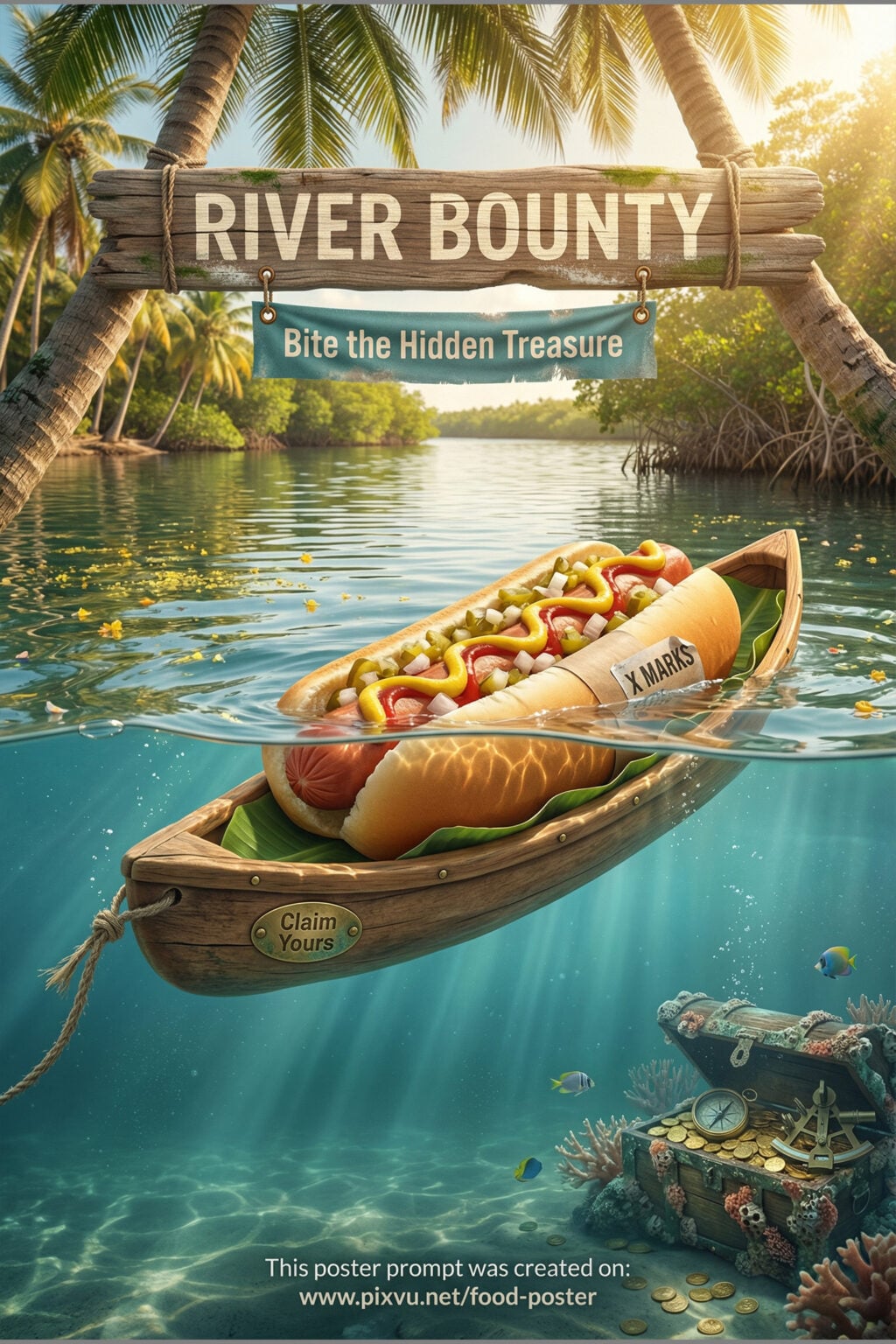 Tropical River Bounty Hotdog Poster AI Prompt